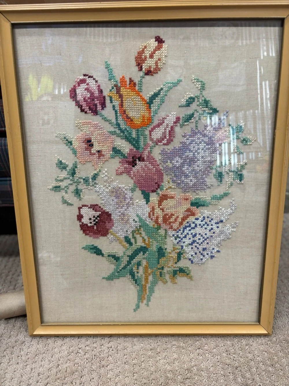 Vintage Hand Crafted Gold Frame Floral Needlepoint Tulips and Lilac - Picture 2 of 11